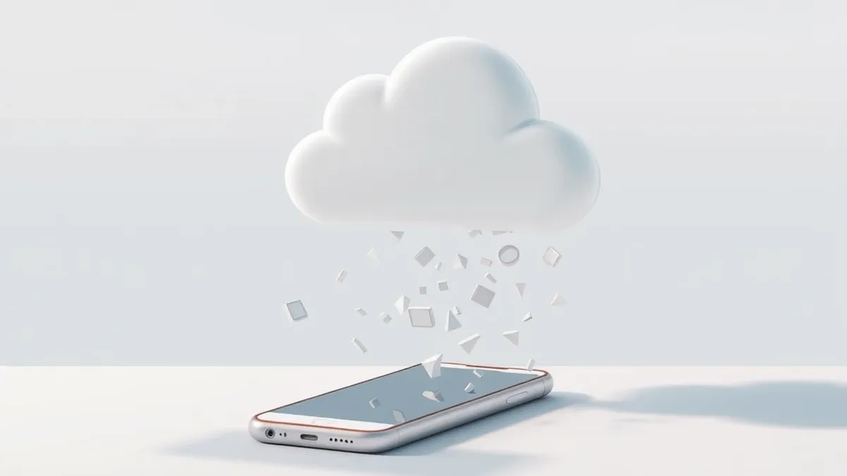 Illustration: A sleek white cloud icon floats above a generic smartphone screen displaying a blank interface.