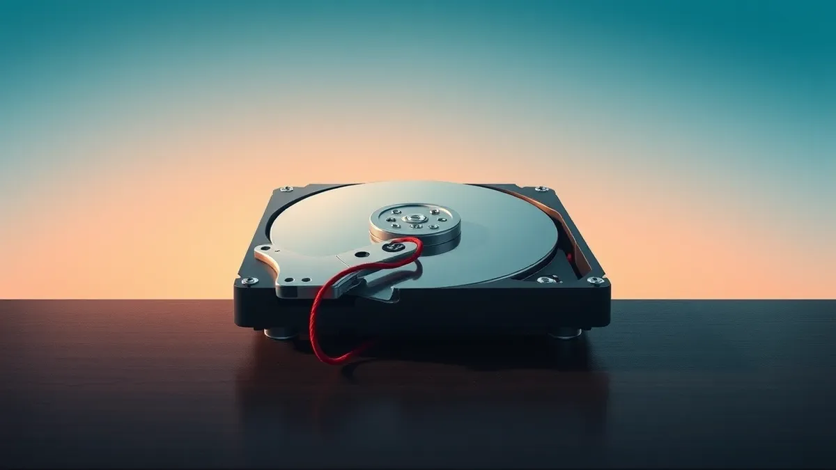 Illustration: A sleek silver hard drive sits on a dark wooden desk, its metal casing dented and cracked open to reveal exposed circuitry.