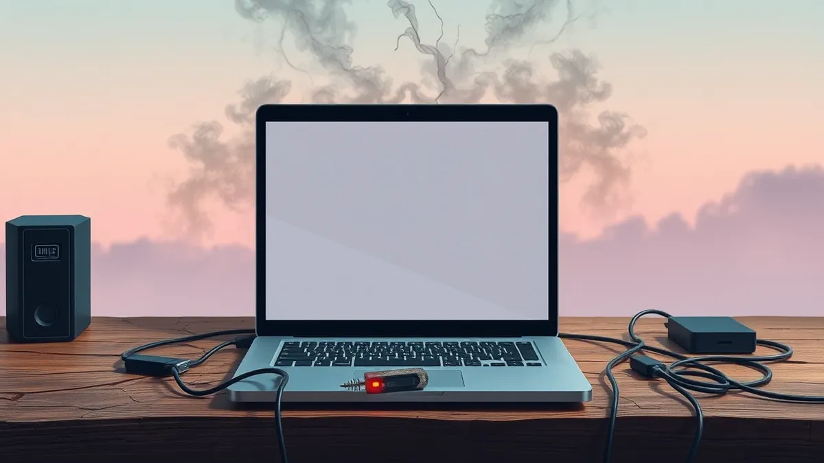 Illustration: A cracked wooden desk holds an open laptop with a blank screen, surrounded by scattered, tangled ethernet cables.
