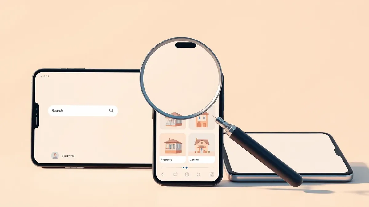 Illustration: A smartphone displays a travel app interface featuring a blank search bar and side-by-side property cards with abstract building shapes.