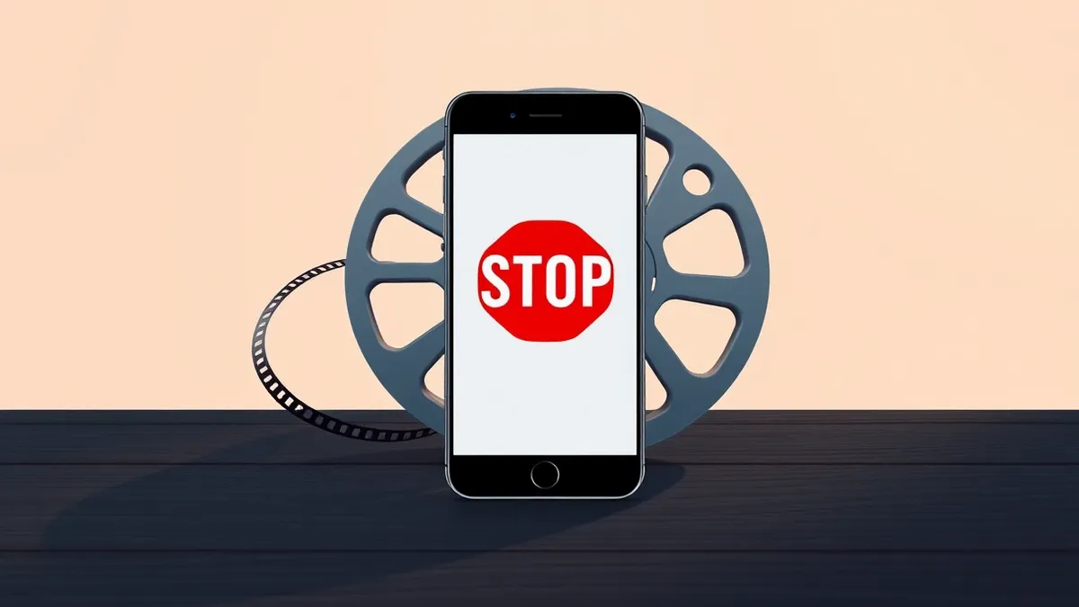 Illustration: A smartphone displays a blank social media application interface with a large red stop symbol centered on the screen.