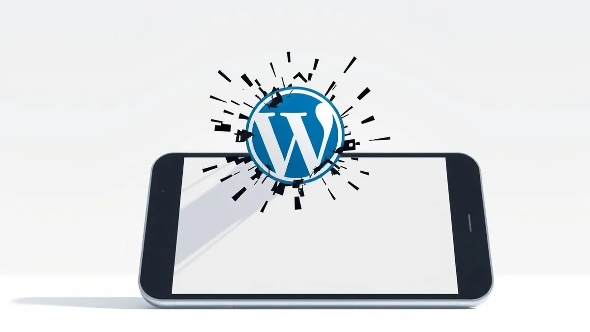 Illustration: A stylized WordPress plugin icon floats above a cracked smartphone screen.