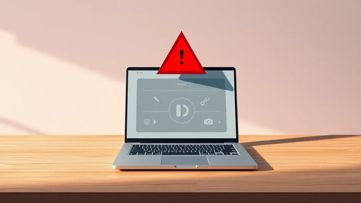 Illustration: A sleek laptop sits open on a wooden desk, its screen displaying a generic remote control interface with abstract tool icons.