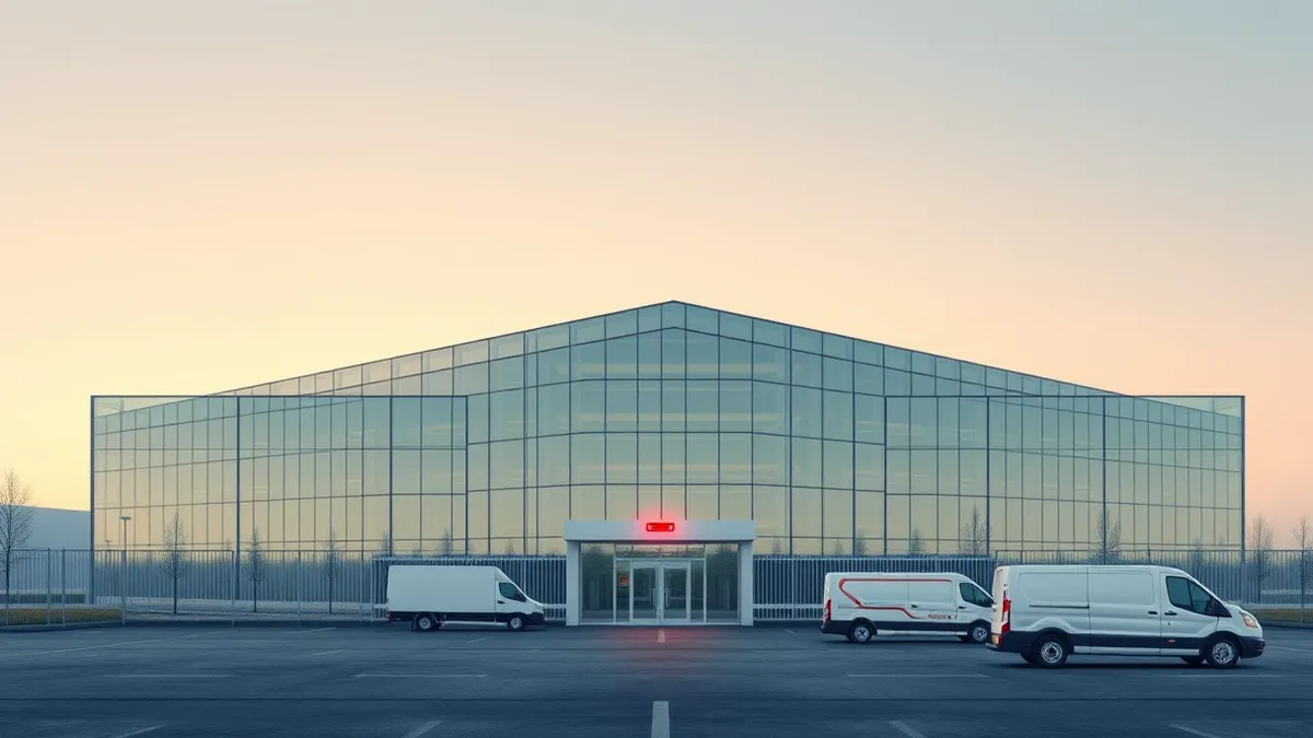Illustration: A large, modern glass data center building sits under a gray sky with its automatic security gates locked shut.