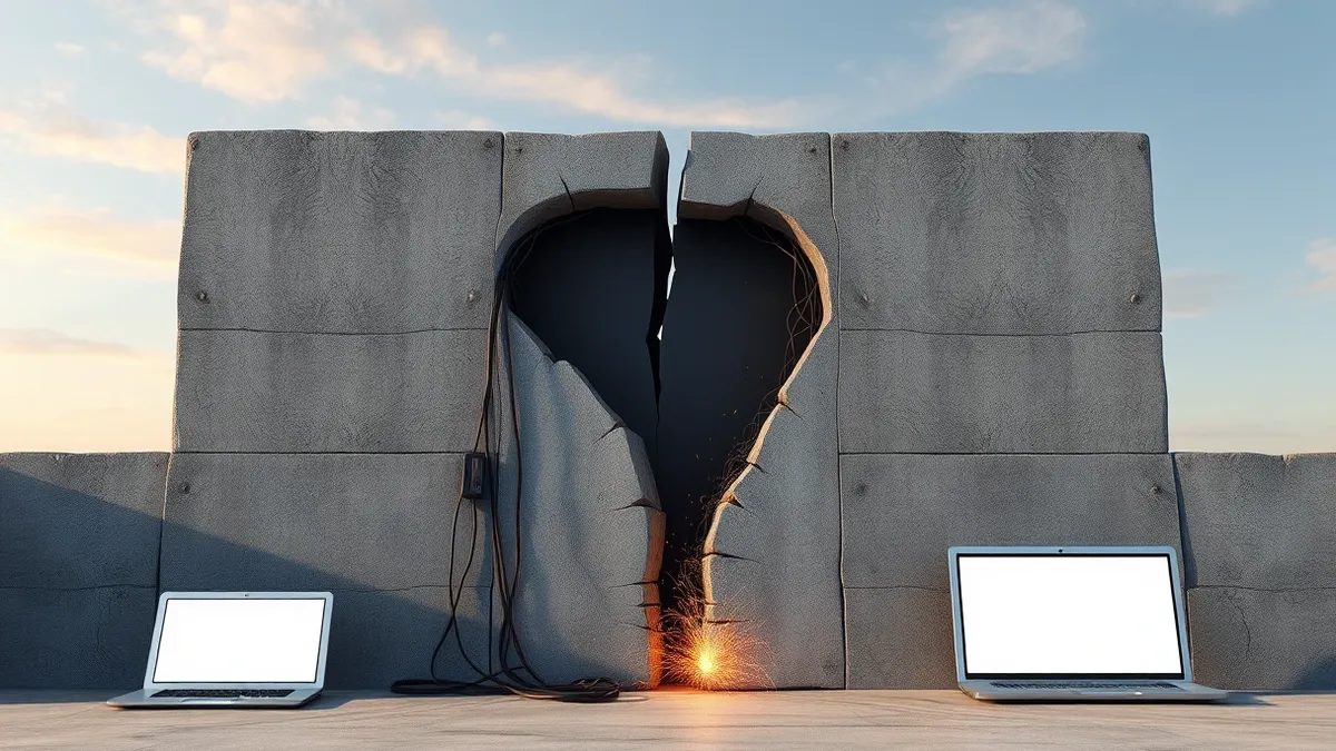 Illustration: A cracked concrete wall reveals tangled wires and exposed circuitry behind a digital facade.