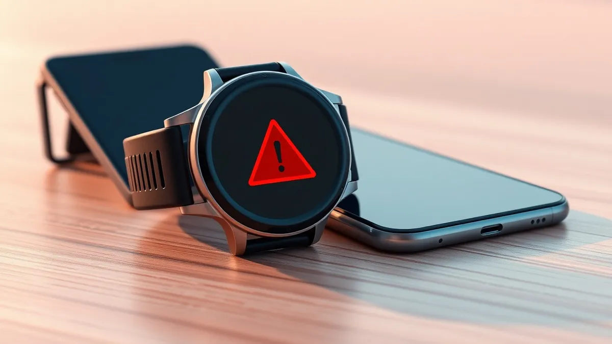 Illustration: A smartwatch rests on a smooth wooden surface next to a smartphone.