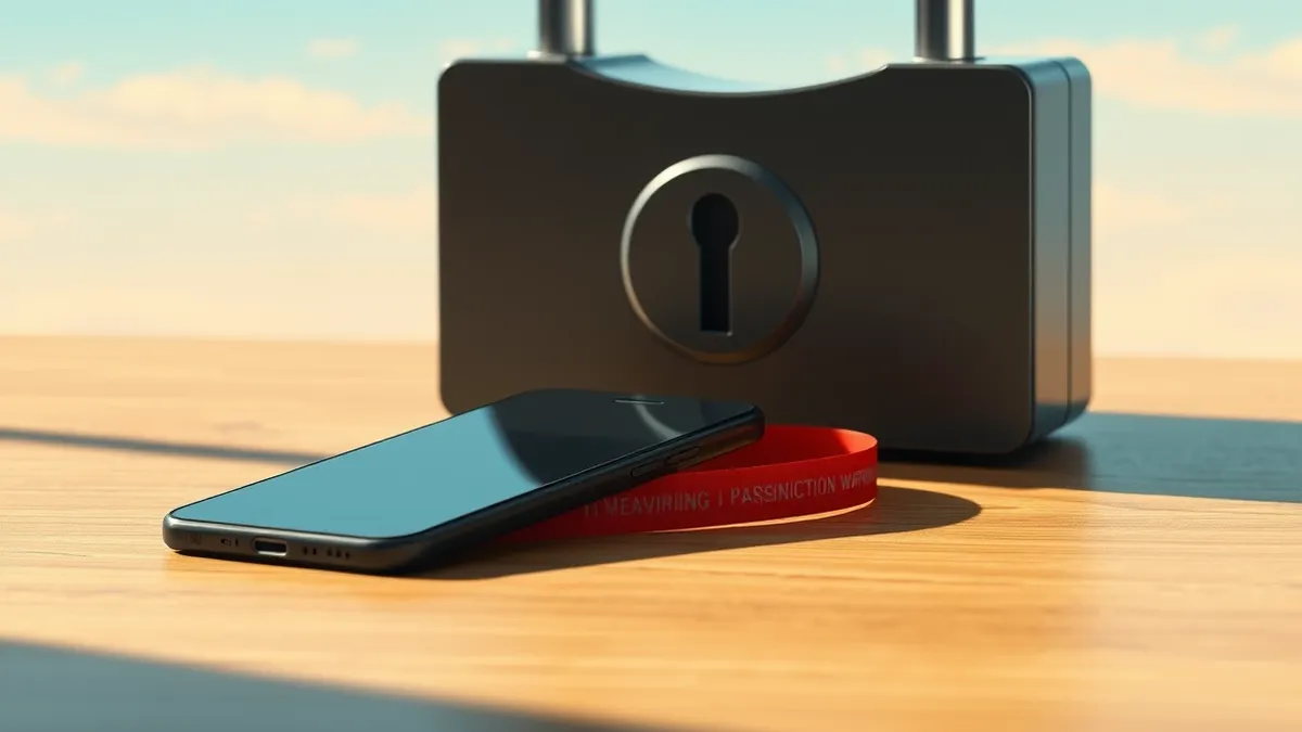 Illustration: A sleek black smartphone rests on a polished wooden desk next to a heavy padlock.