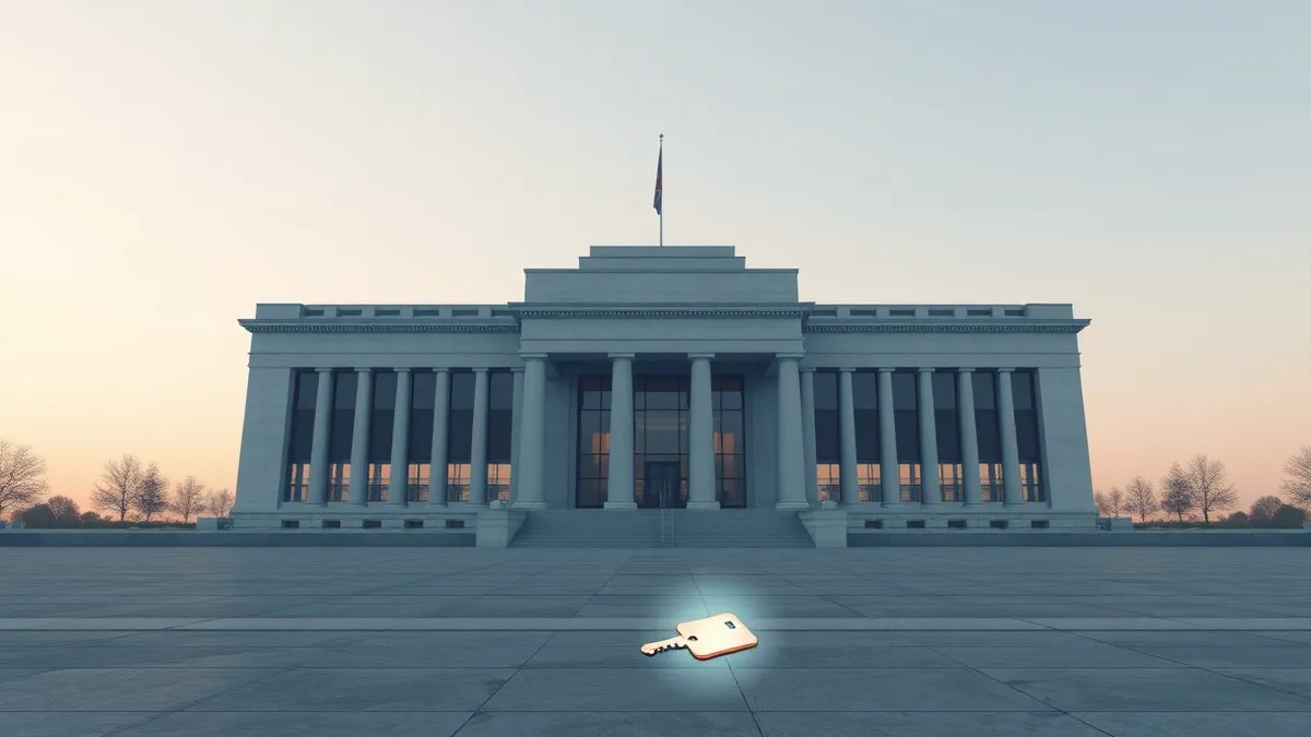 Illustration: A sleek, modern government building stands under a grey sky, with faint, translucent digital threads siphoning data outward from its windows.