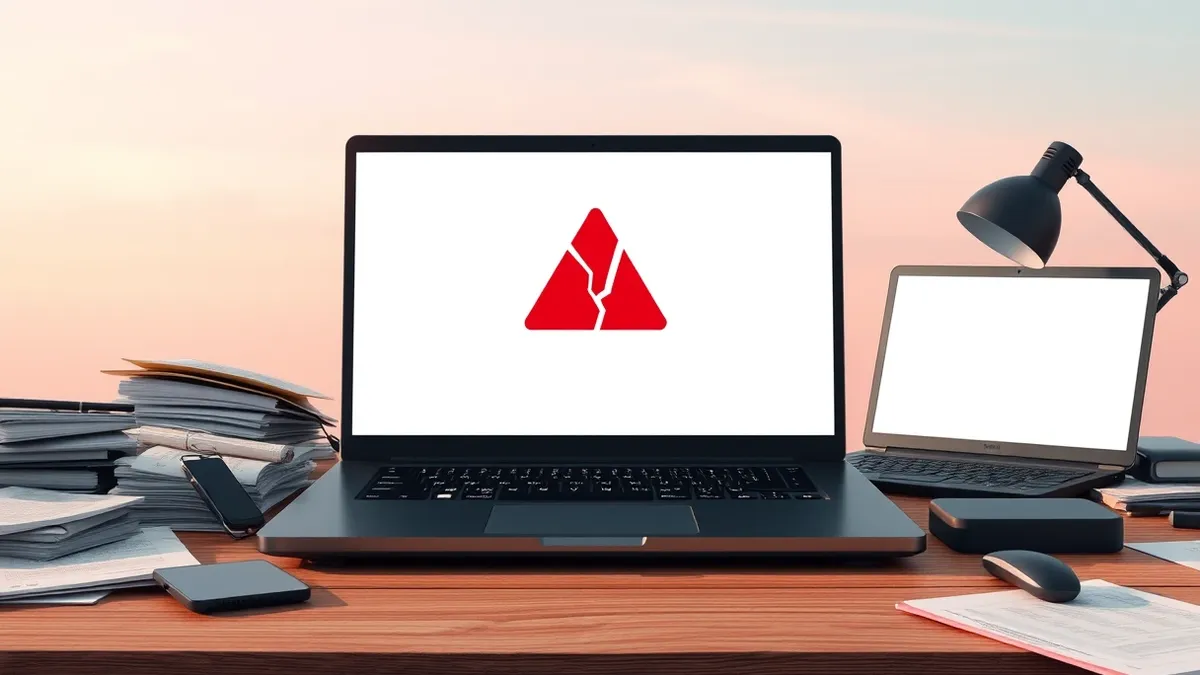 Illustration: A sleek black laptop sits open on a cluttered wooden desk, its screen displaying a stark red warning triangle over a blank white e-commerce layout.