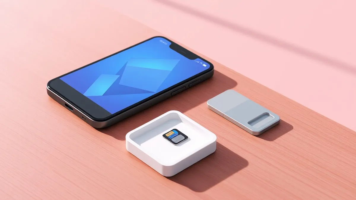 Illustration: A black smartphone rests on a wooden desk beside a white plastic tray holding a tiny SIM card.