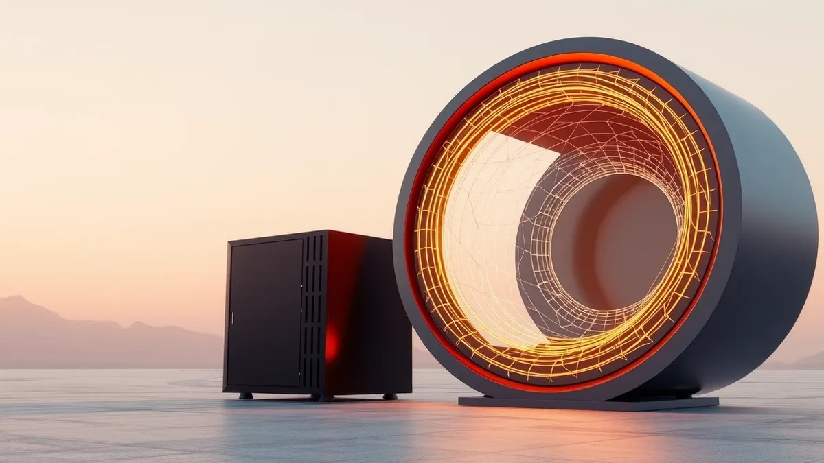 Illustration: A sleek black server unit sits beside a glowing, intricate toroidal chamber.