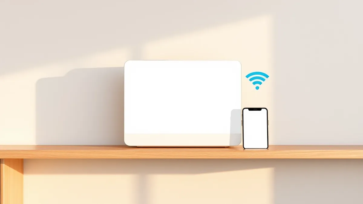 Illustration: A sleek white home automation hub sits on a wooden shelf, its blank screen displaying soft abstract circles.