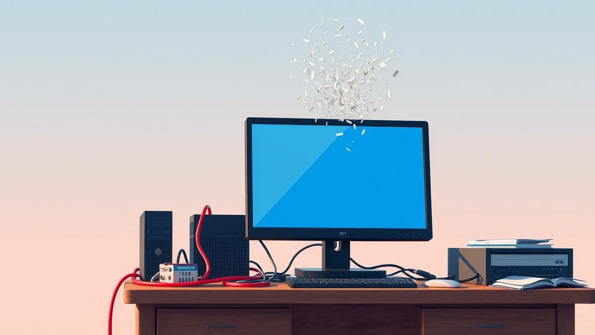 Illustration: A sleek black desktop computer sits on a cluttered wooden desk.