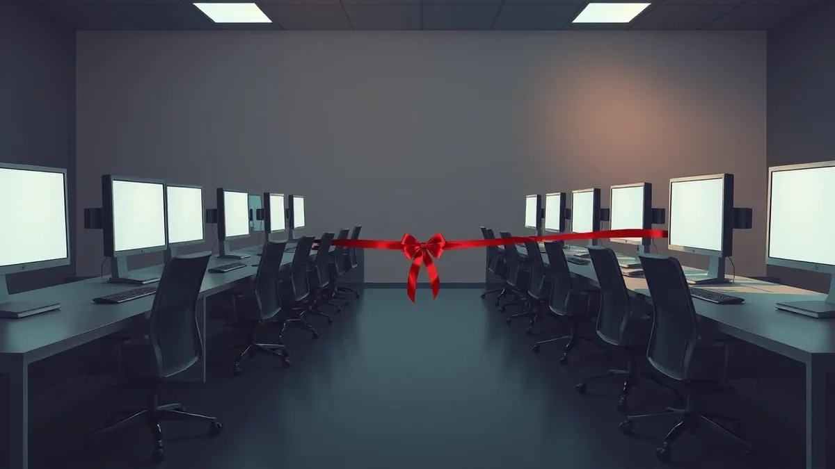 Illustration: A row of empty office chairs sits in a dimly lit room, facing blank computer monitors on long desks.