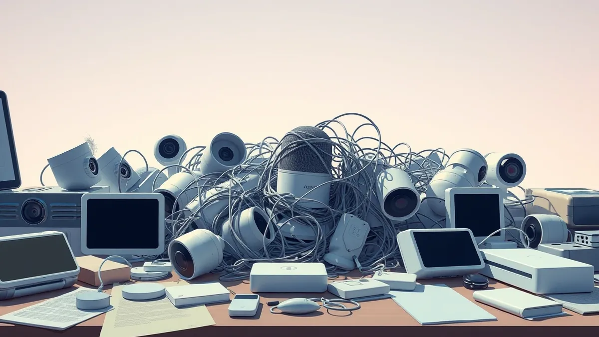 Illustration: A chaotic cluster of generic smart home devices, including voice assistants and security cameras, sits on a messy desk.
