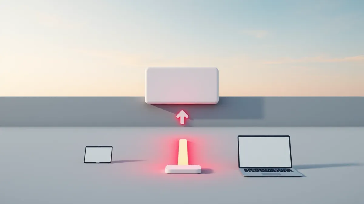 Illustration: A blank white upload button sits centered on a stark gray digital interface.