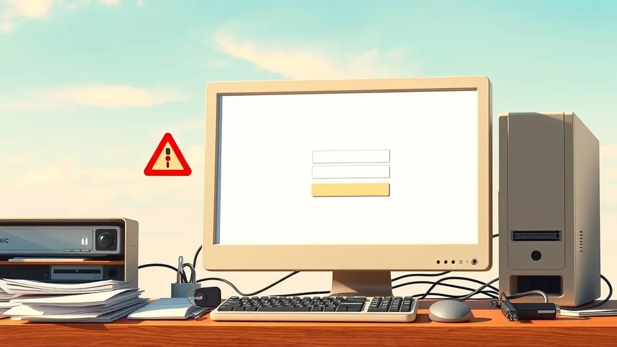 Illustration: A beige office desktop computer sits on a cluttered wooden desk, its blank monitor displaying a simple login prompt with two empty input fields.