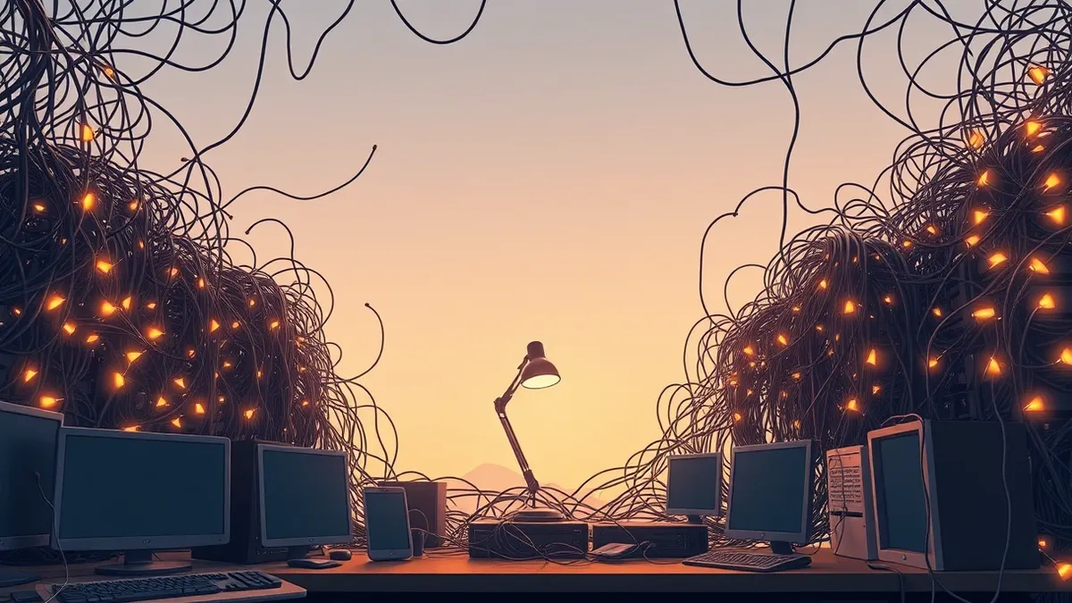 Illustration: A chaotic web of tangled, glowing cables connects a single desk lamp to hundreds of identical, blinking server nodes.