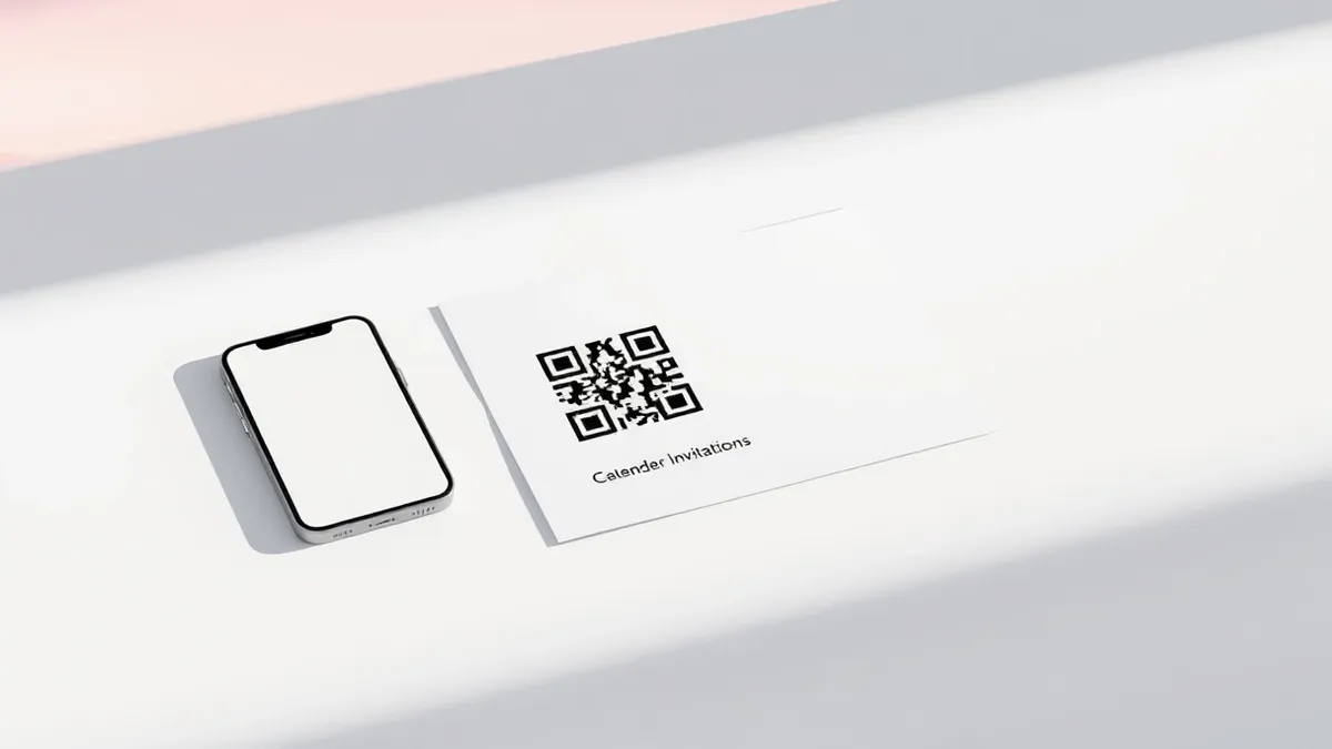 Illustration: A white table holds a printed sheet of paper featuring a black QR code and a blank digital calendar invitation icon.