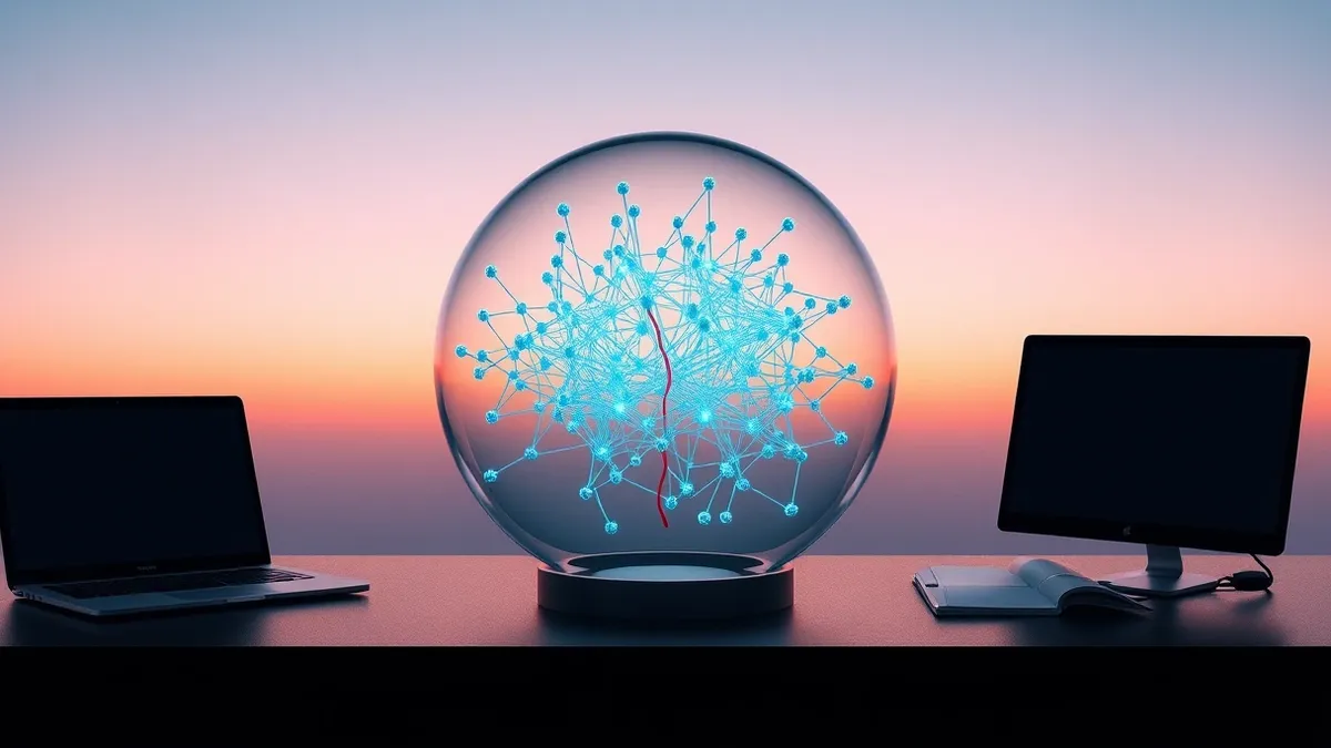 Illustration: An open-weight AI model is shown as a transparent glass sphere resting on a dark desk.