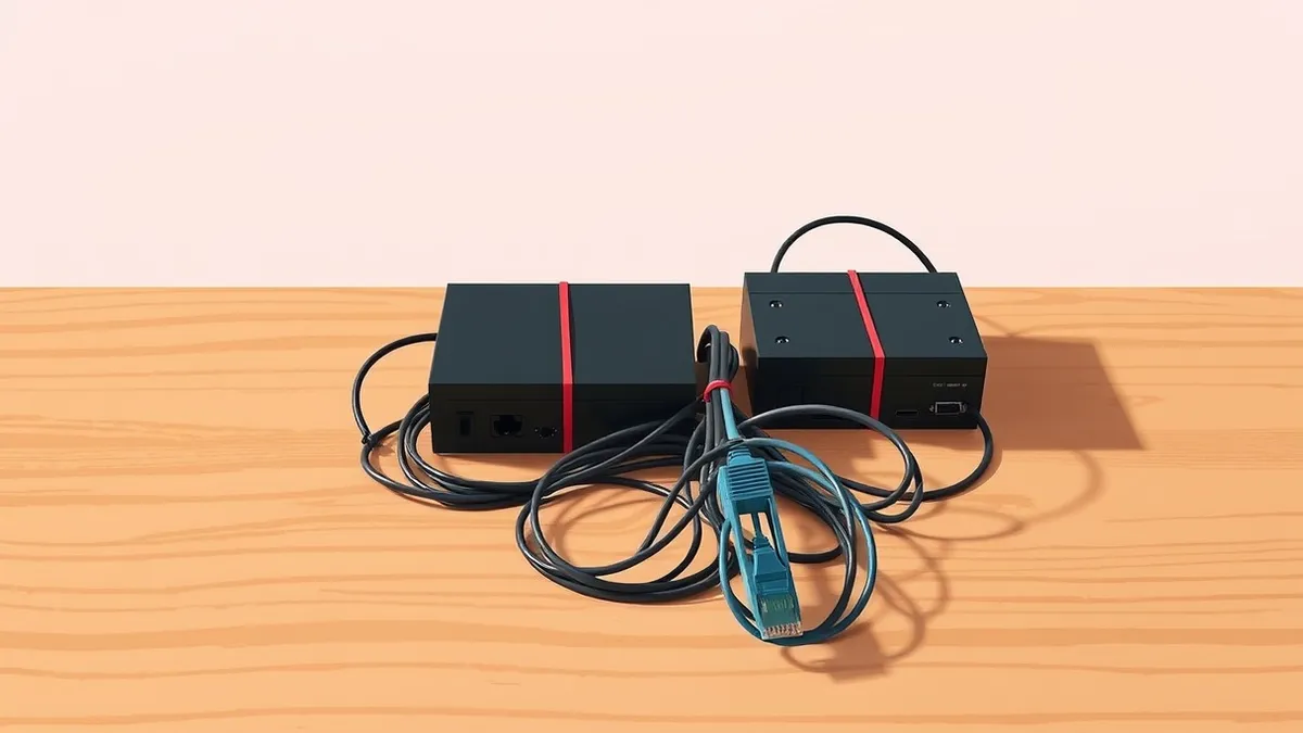 Illustration: A cluttered wooden desk holds two disconnected black electronic modules and a bundle of tangled network cables.