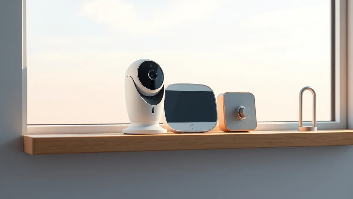 Illustration: A white security camera sits on a sleek wooden shelf beside a minimalist smart thermostat and a polished door lock.