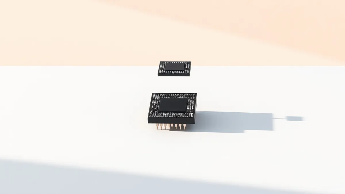 Illustration: A small black silicon chip rests on a sterile white table.