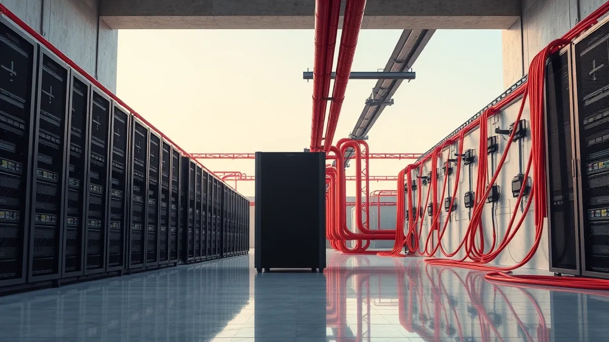 Illustration: A row of sleek, black server blades sits in a cold, concrete industrial facility.