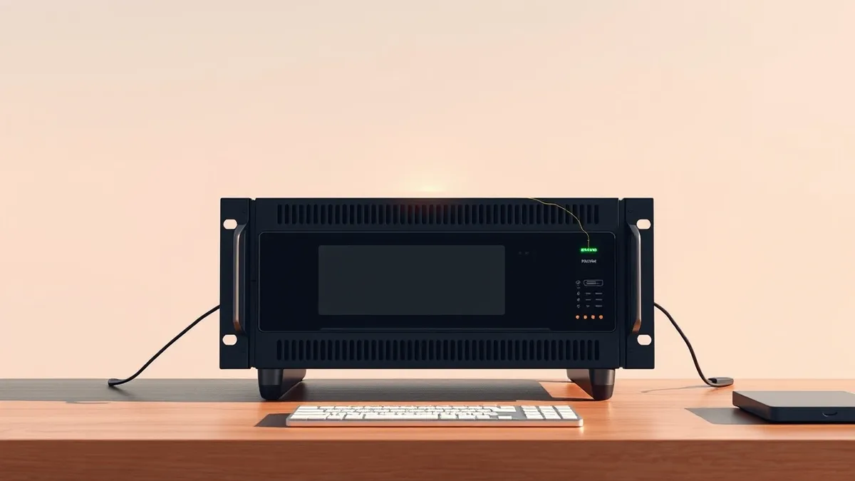 Illustration: A black network security appliance sits on a wooden desk, its front panel displaying only blank indicator lights.