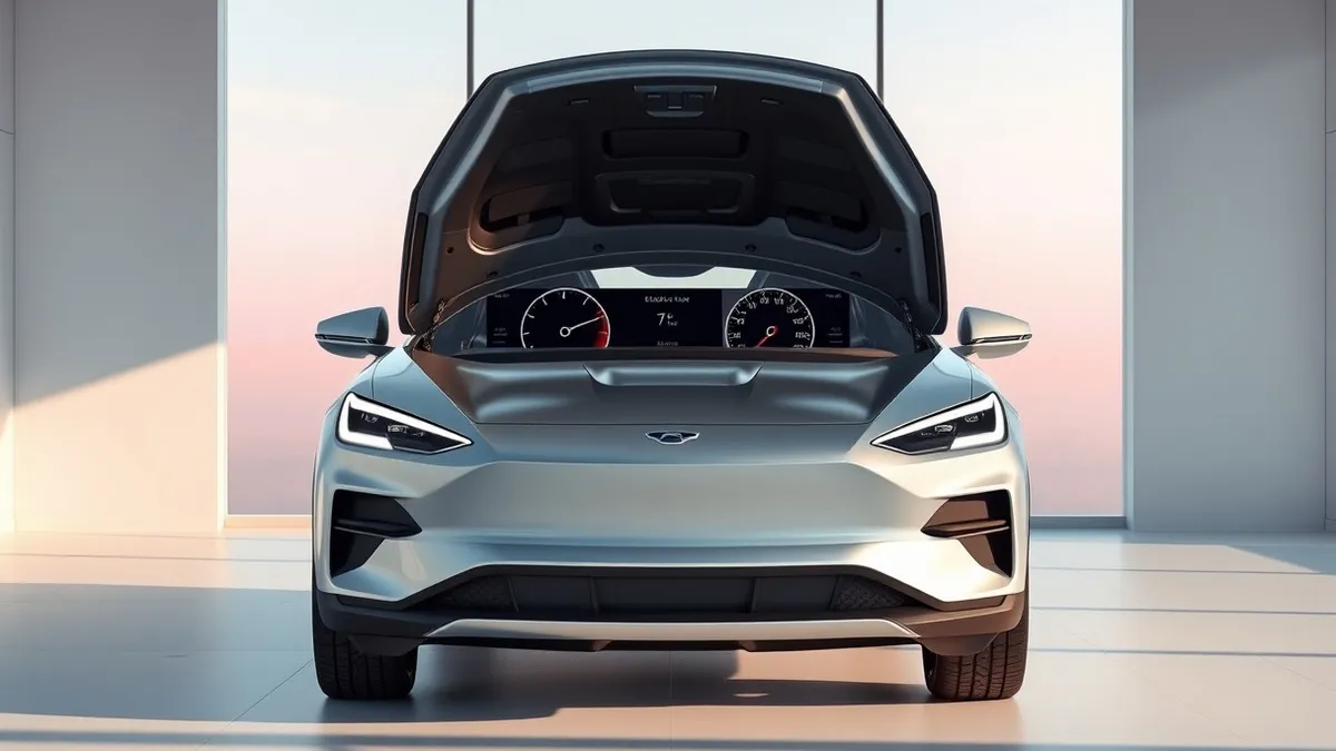 Illustration: A sleek silver electric crossover sits in a bright showroom with its hood open to reveal a blank digital dashboard.