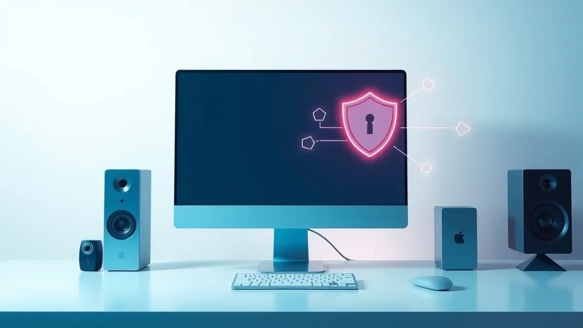 Illustration: A generic computer monitor displays a blank interface connected by a glowing digital line to a sleek security shield icon.