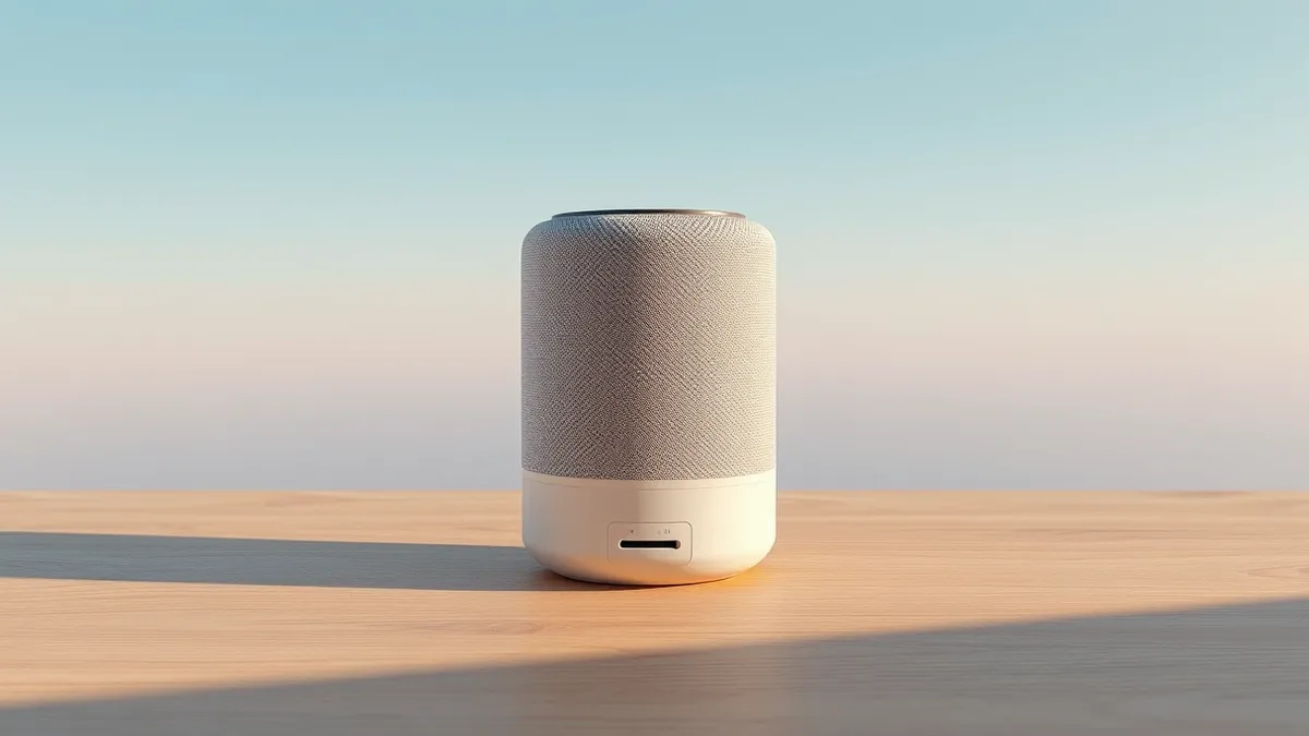 Illustration: A compact cylindrical speaker rests on a minimalist wooden table, featuring a smooth fabric mesh and a sleek matte base in a soft pastel hue.