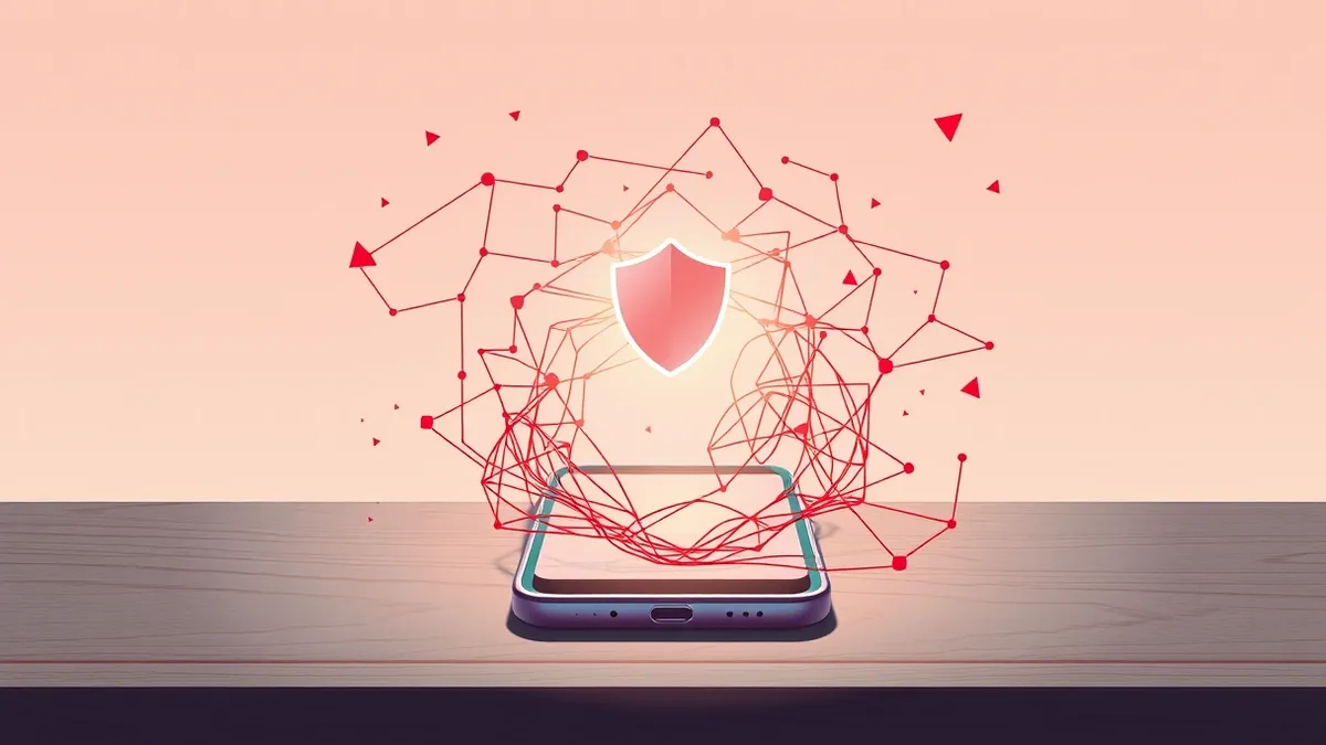 Illustration: A smartphone rests on a wooden table with a small, glowing shield hovering over its screen, while a tangled red web of deceptive messages dissolves into abstract geom