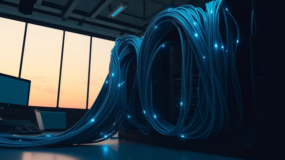 Illustration: A thick bundle of industrial ethernet cables connects to a ruggedized black network switch inside a dimly lit control room.