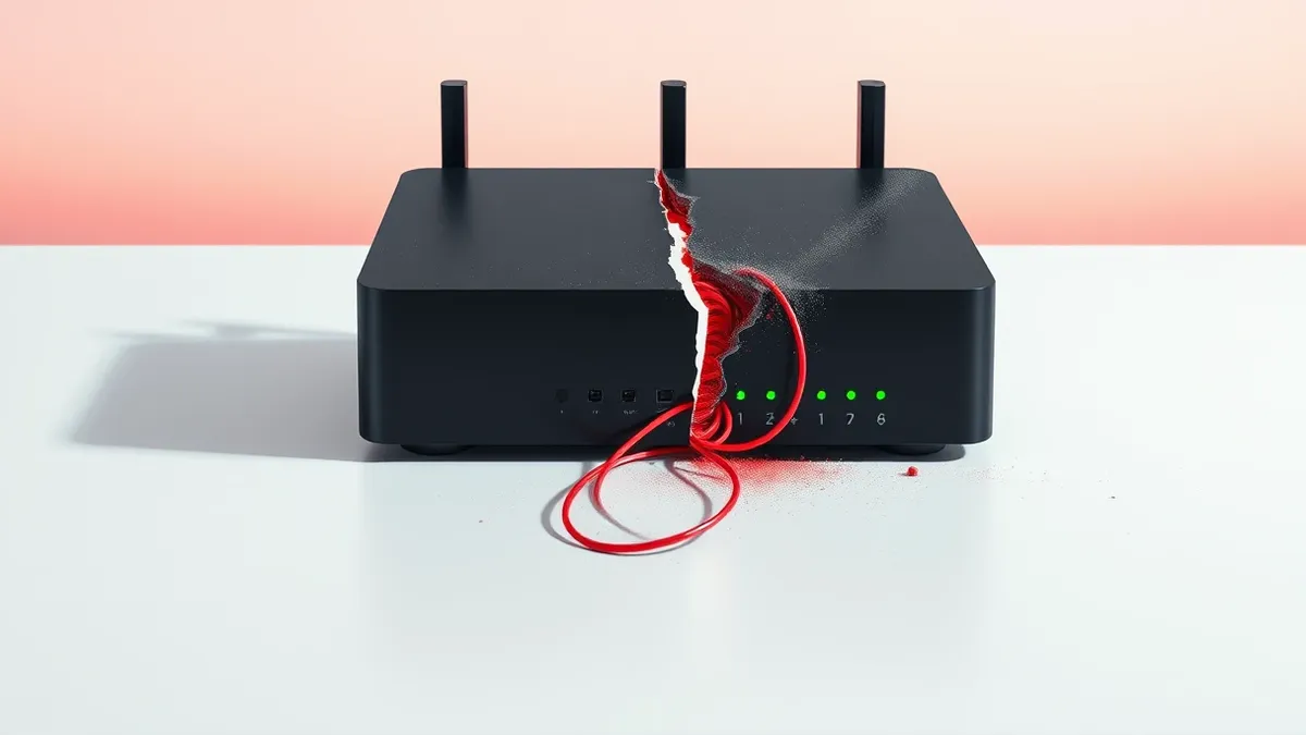 Illustration: A black network router sits on a sterile white desk.