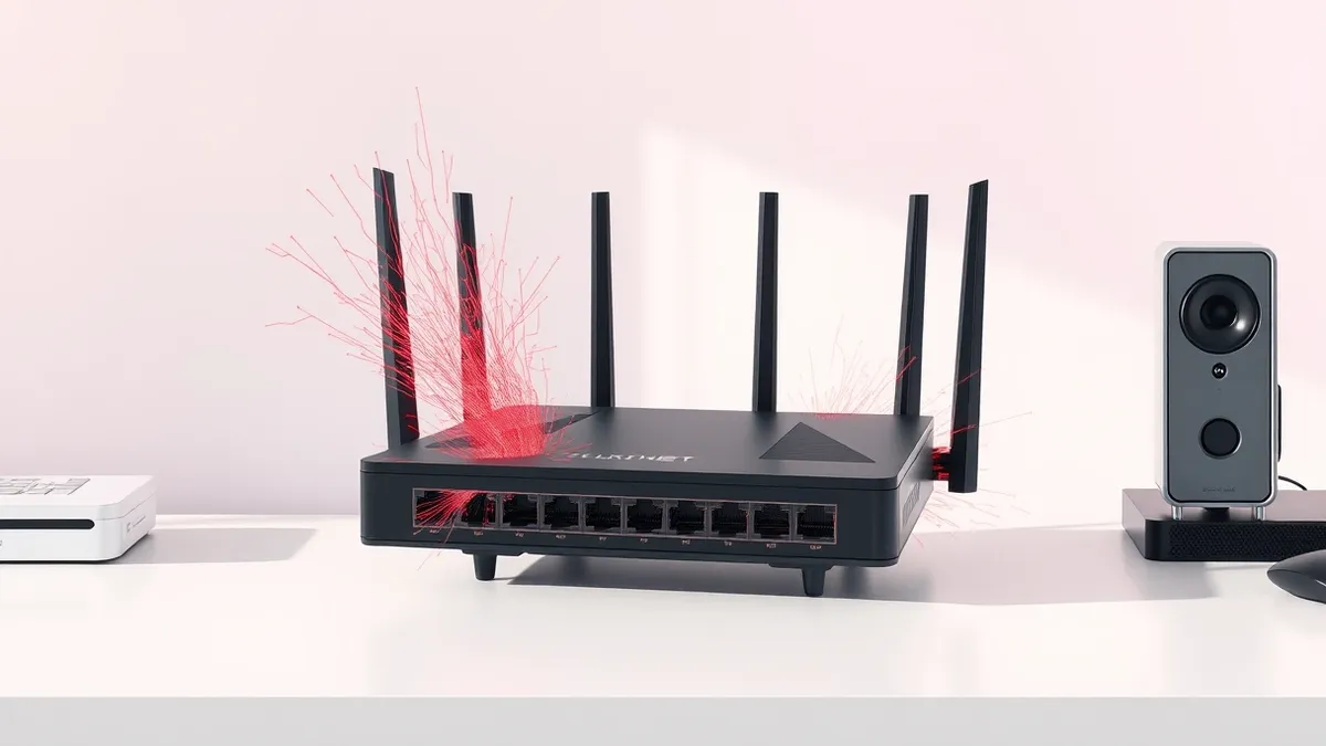 Illustration: A black network router sits on a white desk.