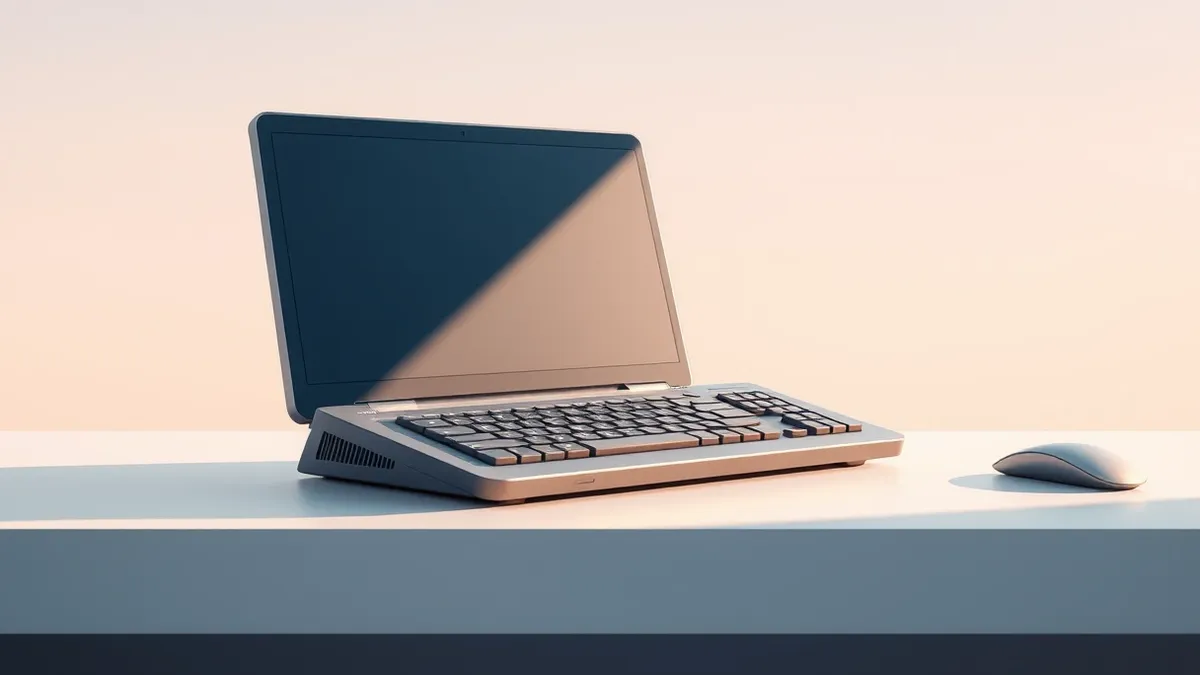 Illustration: A sleek keyboard computer sits on a clean desk, its keys reflecting soft ambient light.