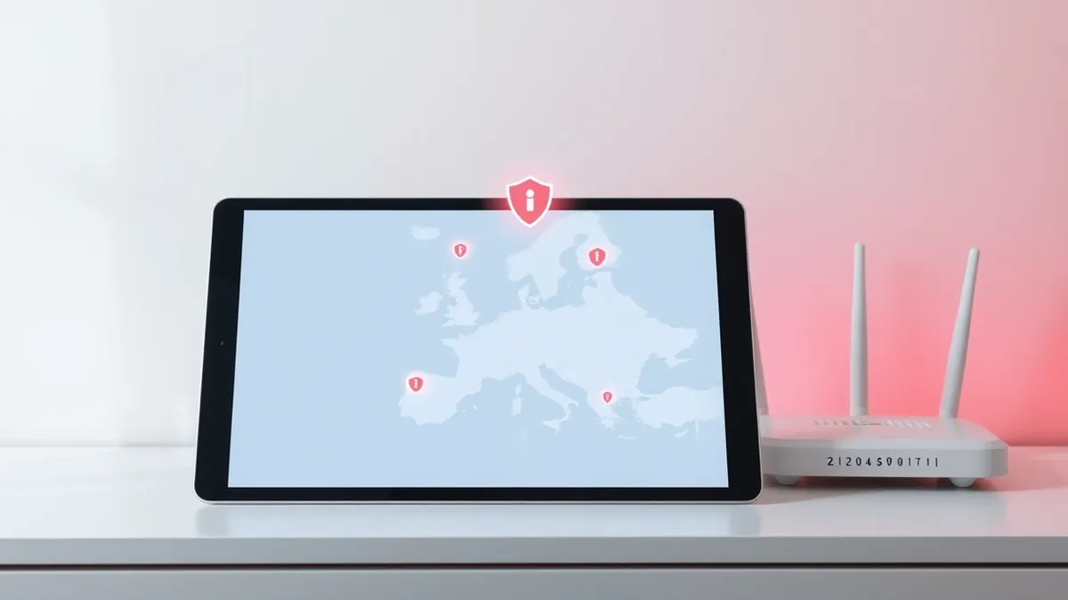Illustration: A blank tablet screen displays a map of Europe with glowing connection nodes.