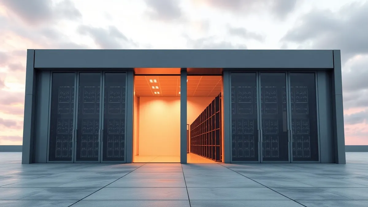 Illustration: A sleek, modern data center facade stands empty under an overcast sky.