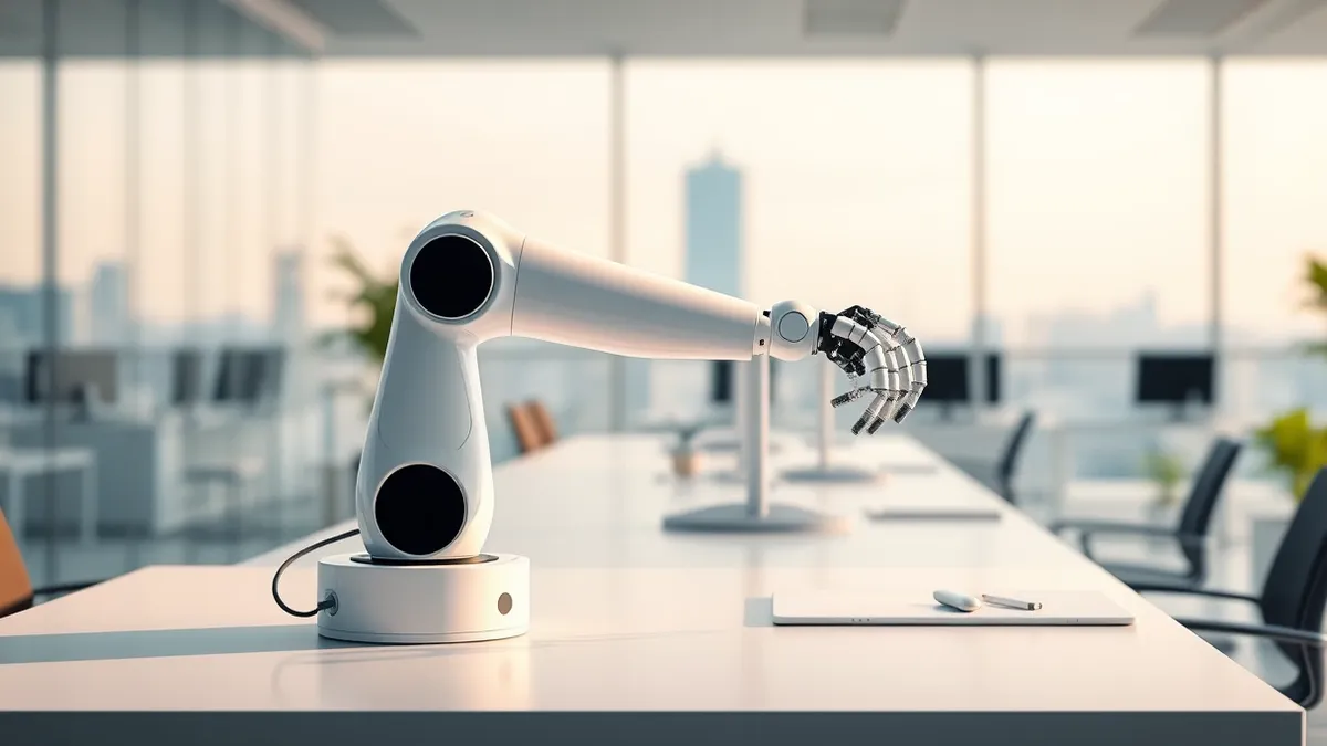 Illustration: A sleek white robotic arm rests on a modern office desk in a bright European-style workspace.