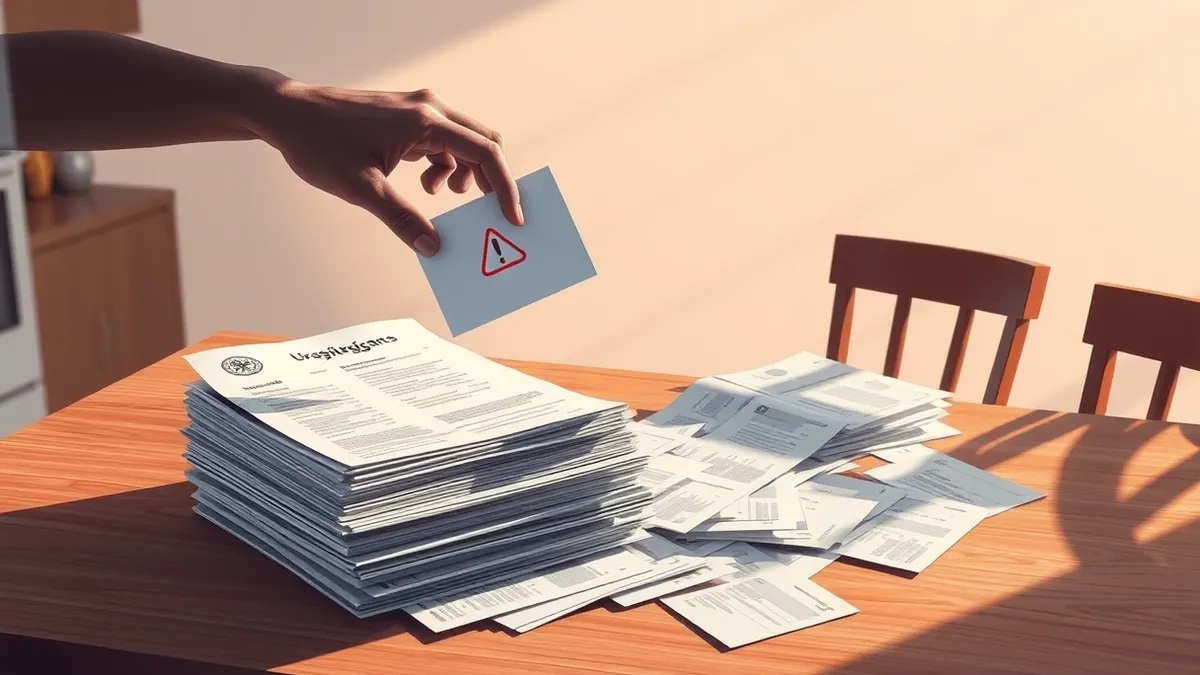 Illustration: A stack of blank utility bills sits on a wooden kitchen table next to a single white envelope marked with a red warning symbol.
