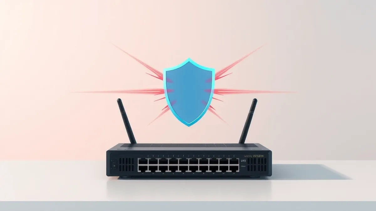 Illustration: A rugged black enterprise network router sits on a plain white desk.