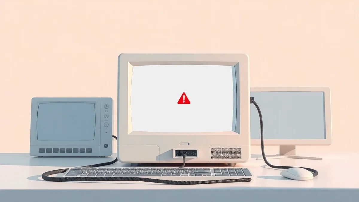 Illustration: A white electronic device sits on a clean desk, displaying a blank interface with a single red warning triangle.