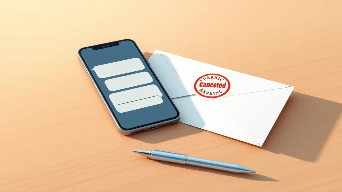 Illustration: A smartphone displaying blank chat bubbles rests on a wooden table beside a folded envelope with a circular cancellation stamp.