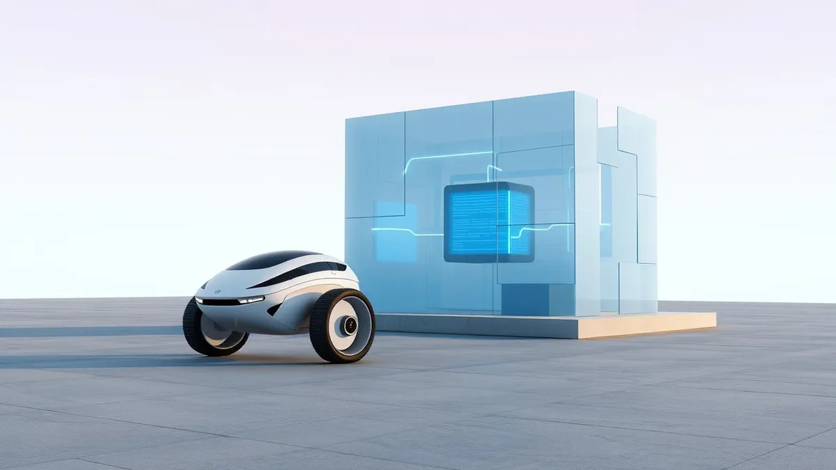 Illustration: A sleek white autonomous rover sits on a polished concrete floor beside a large geometric sculpture made of interlocking translucent panels.