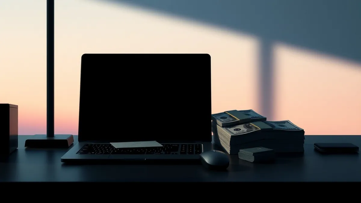 Illustration: A dark office desk holds a single laptop with a blank screen.