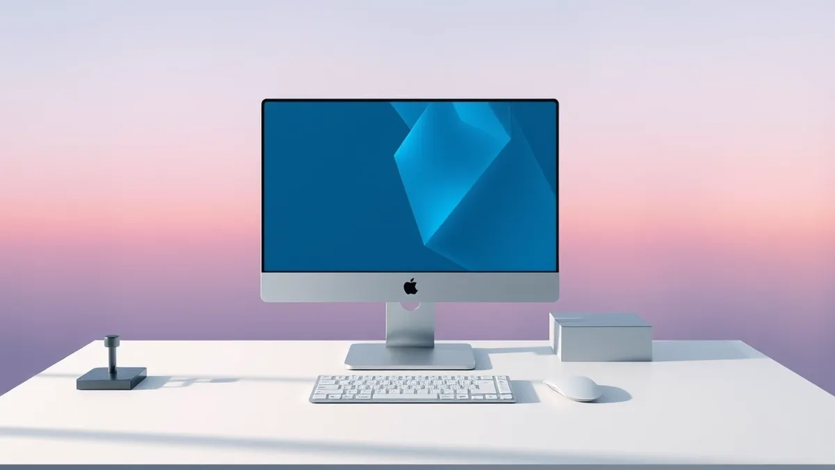 Illustration: A sleek desktop computer sits on a clean white desk, its screen glowing with soft, abstract geometric shapes that suggest digital creation.