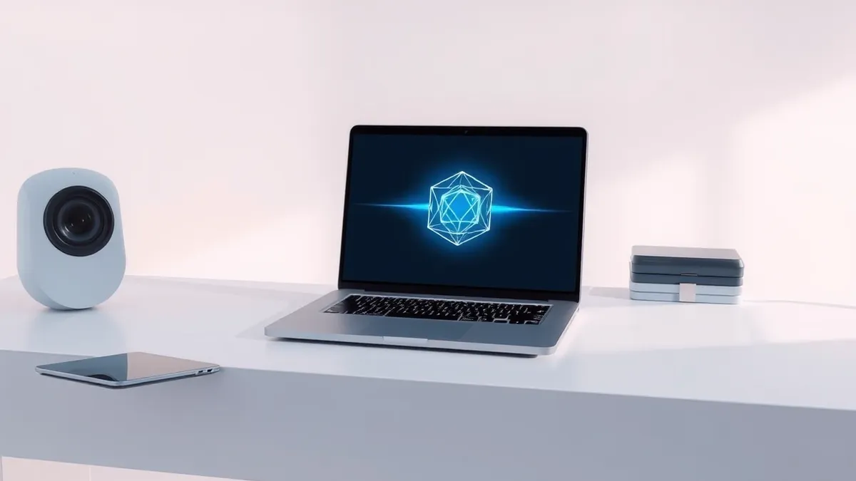 Illustration: A sleek, silver laptop sits on a white desk, its screen displaying a single, complex geometric shape that pulses with soft blue light.