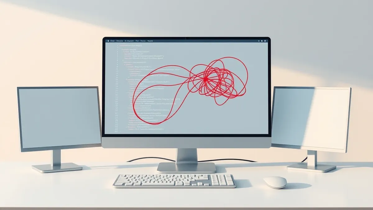 Illustration: A generic software version control interface sits on a clean desk, displaying a tangled knot of abstract red lines where code branches should connect, symbolizing the