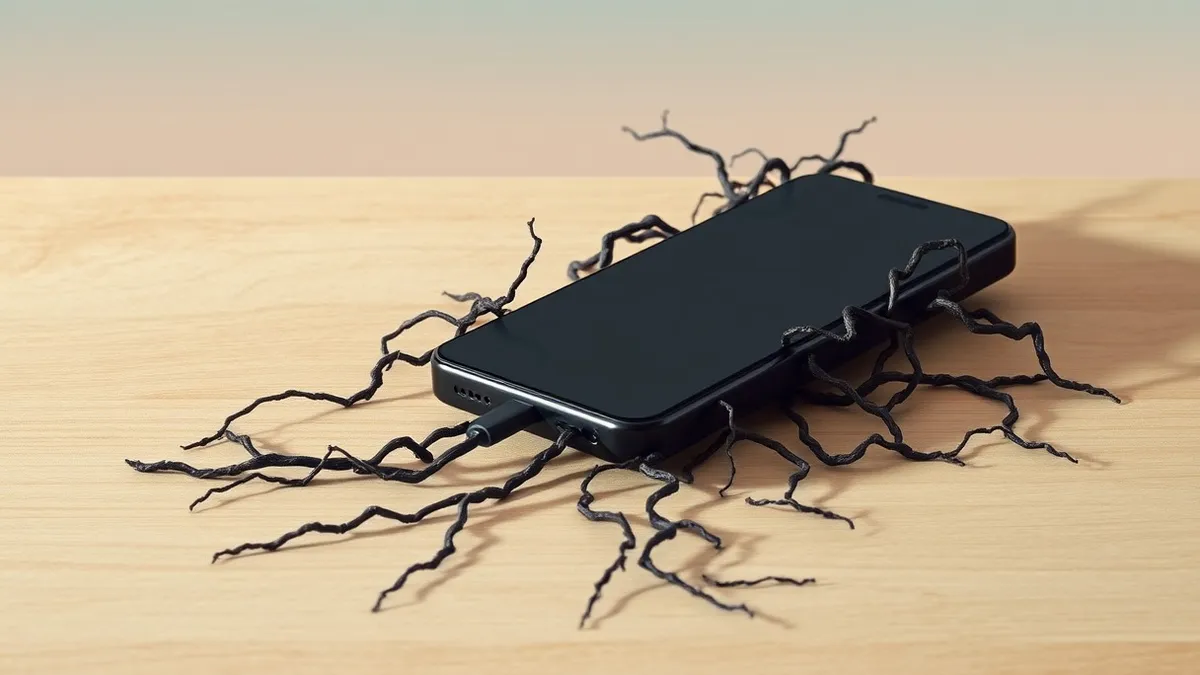 Illustration: A generic black smartphone rests on a wooden surface with its screen completely off.